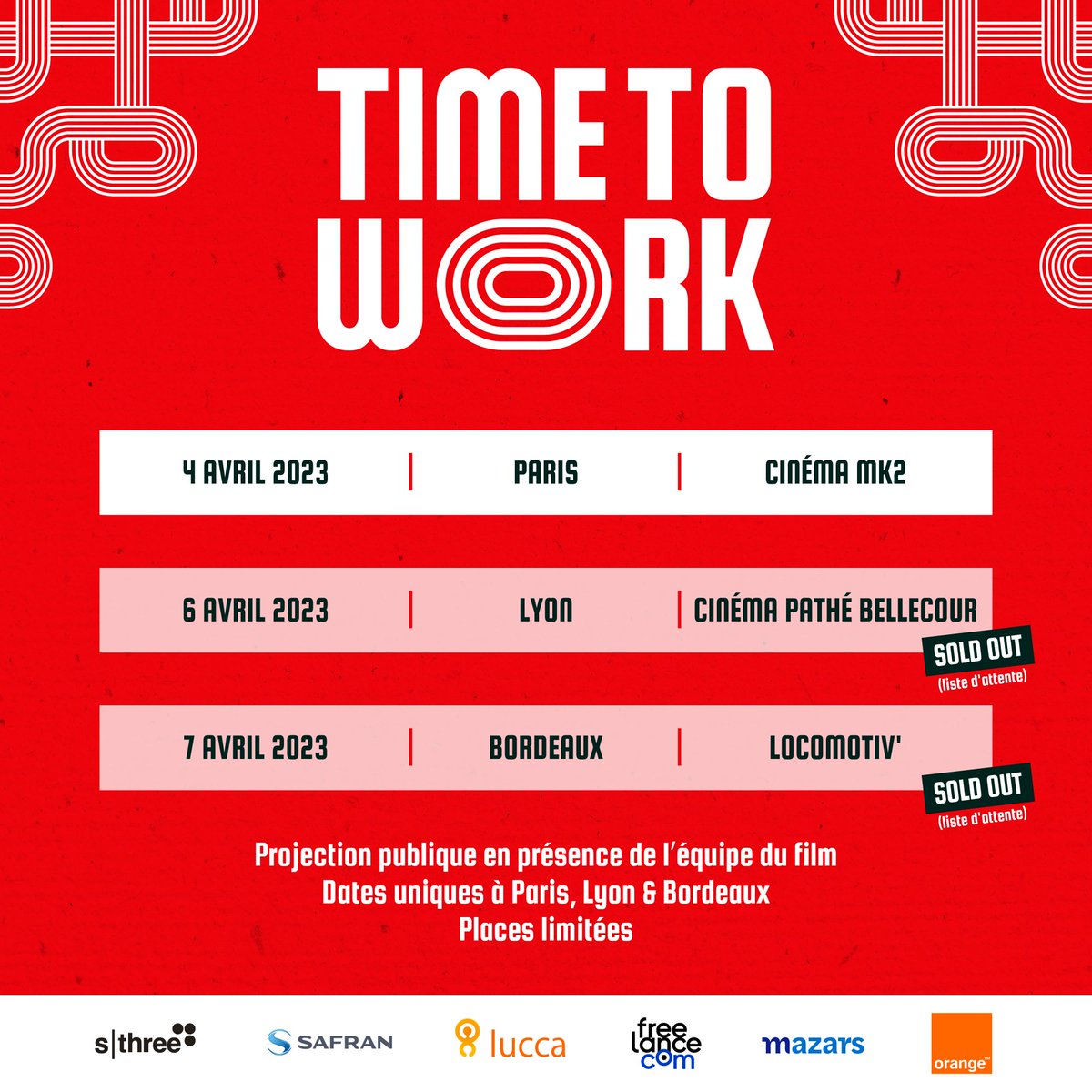 Les projections à Lyon et Bordeaux sont sold out 🤯

Il reste des places à Paris pour découvrir Time to Work au cinéma. 👀
Ça se passe le jour de la sortie, 20h au Mk2

Par ici pour les dernières places à Paris : eventbrite.fr/e/billets-proj…