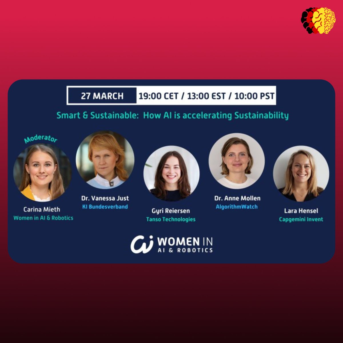 Smart &amp; sustainable: How #AI is accelerating #sustainability🌱#KI- und Nachhaltigkeitsexpertinnen teilen ihre aufschlussreichen Perspektiven in einer Online-Podiumsdiskussion am 27. März, 19 Uhr | online. Mit dabei unser Vorstandsmitglied Vanessa Just ➡bit.ly/3TtfZH8