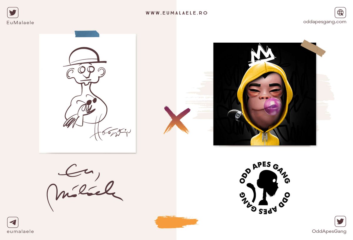 Today we’re doing a collab giveaway with legendary Horațiu Mălăele’s upcoming digital collectibles project, <a href="/EuMalaele/">Eu, Mălăele</a>. We’re giving away 1 collectible #NFT from each project.

To enter✅:

1⃣Follow <a href="/EuMalaele/">Eu, Mălăele</a> &amp; <a href="/OddApesGang/">Odd Apes Gang</a>
2⃣Like &amp; retweet
3⃣Tag 2 frens who love art
48H⏰