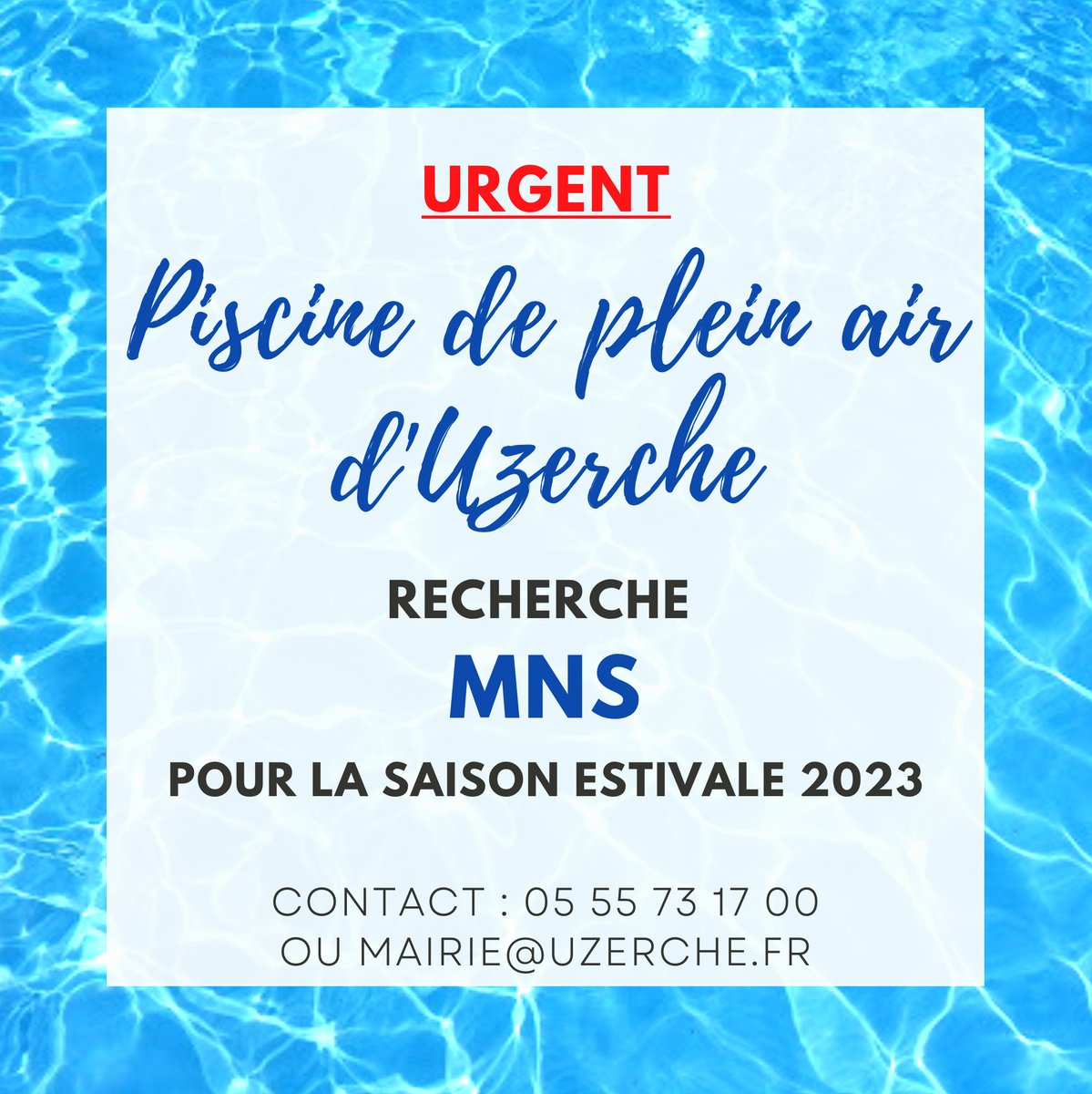 ⚠️ #URGENT I La ville d'#Uzerche recherche en urgence un MNS 🏊‍♂️ pour la saison estivale 2023 afin d'assurer la surveillance de la #piscine municipale.
Contact : Mairie d'Uzerche, ☎️ 05 55 73 17 00 ou mairie@uzerche.fr