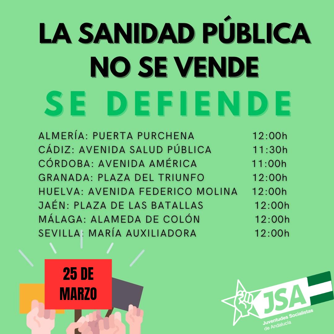 JSAndalucia's tweet photo. ➡️Este sábado los y las jóvenes andaluces saldremos a la calle en defensa de la Sanidad Pública
🧑‍⚕️Las Juventudes Socialistas de Andalucía decimos NO a la privatización de la sanidad porque nuestra salud no es un NEGOCIO https://t.co/85w3EQvfmU
