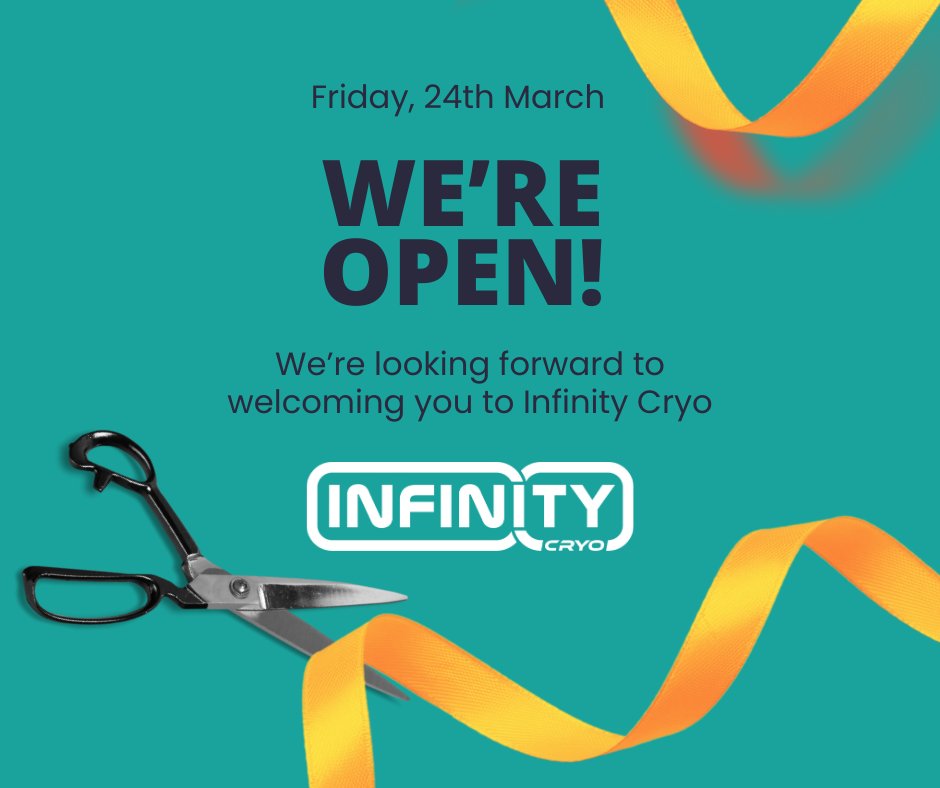 Today's the day! 🎉 Infinity Cryo is officially open for business! ❄️ Come try our whole body cryotherapy chamber and discover the benefits for yourself. #InfinityCryo #GrandOpening #CryoChamber #WellnessJourney