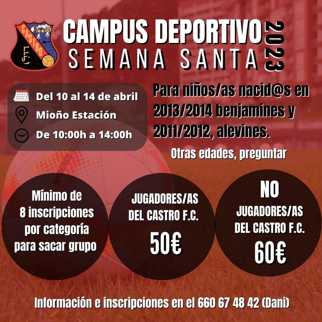 CastroFC_'s tweet photo. 🔴⚫️📣 CAMPUS DEPORTIVO SEMANA SANTA 2023 ⚫️🔴👏

¿AÚN NO TE HAS INSCRIT@?😱
NO ESPERES, APÚNTATE YA Y DISFRUTA DE UNA SEMANA DEPORTIVA RODEAD@ DE AMIG@S👌

#CastroFC #todoalrojo https://t.co/RTNrQdEfF9