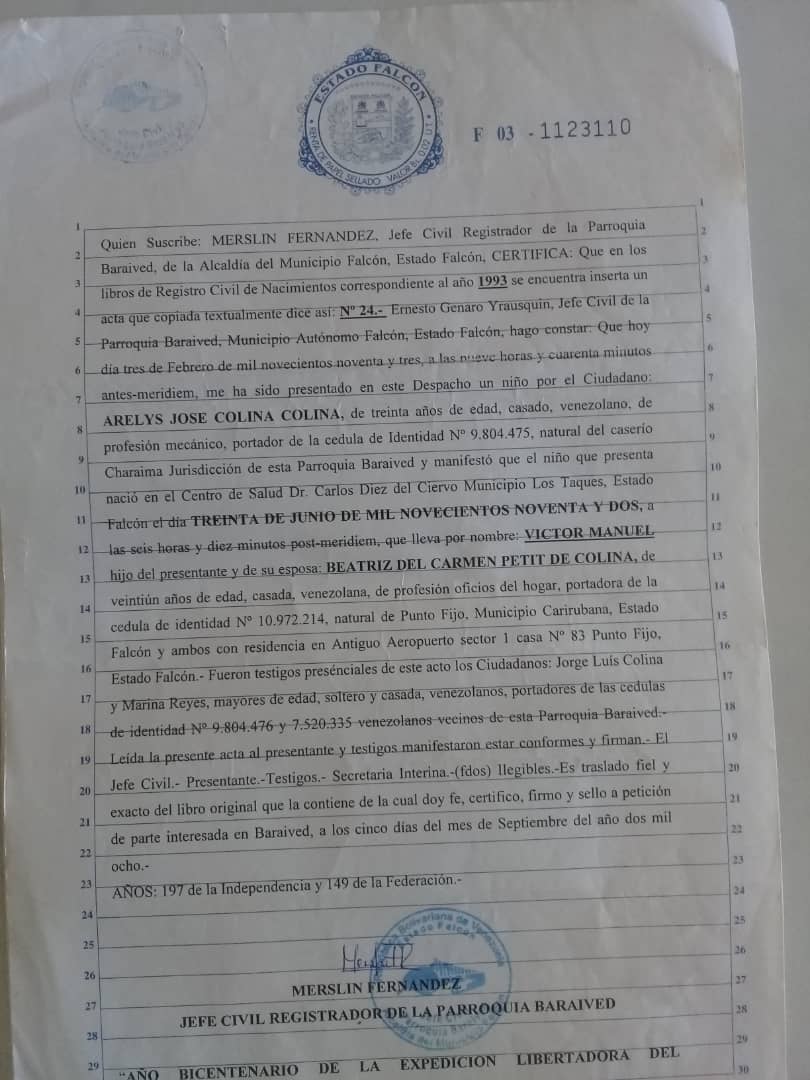 VictorManuel_84's tweet photo. @Michell00056500 @jean_dd22 @VenezuelaSaime Amiga, esta es mi partida de nacimiento. Por favor me puedes señalar cuál es mi número de acta por favor, lo necesito urgente porfa https://t.co/49DP1uDckR