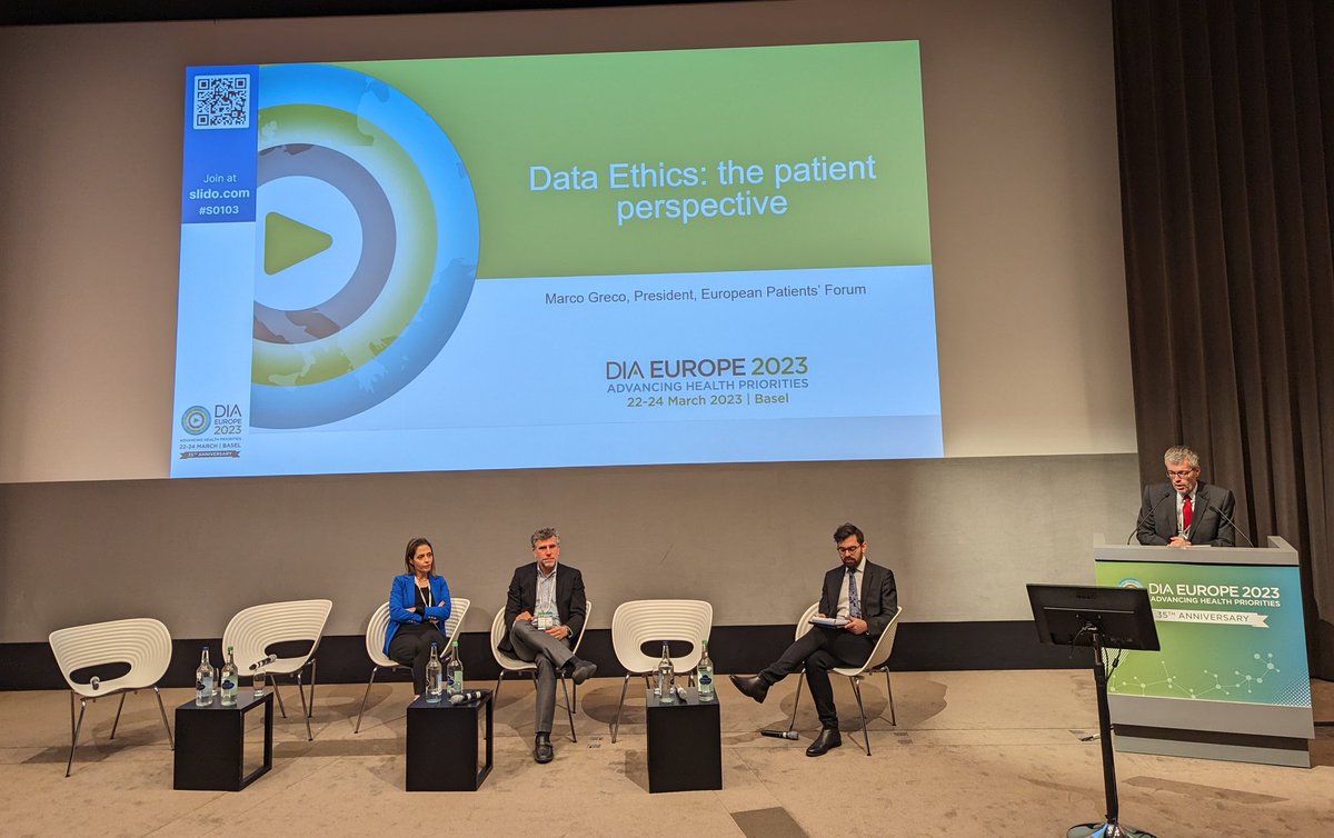 Marco Greco, @eupatientsforum President on stage at #DIA2023 bringing the patient perspective on #dataethics. 'Data should be owned by patients and this is not a barrier to data circulation'