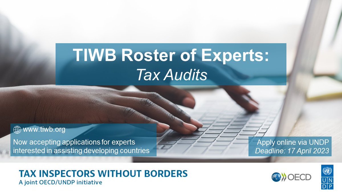 🔔#TIWB is looking for tax experts knowledgeable in international audits willing to share their expertise with developing countries. #tax4dev

Apply before 1️⃣7️⃣ April to join the TIWB Roster of Experts ➡ bit.ly/UNDP_Roster

🔗 Learn more: bit.ly/tiwb-audits