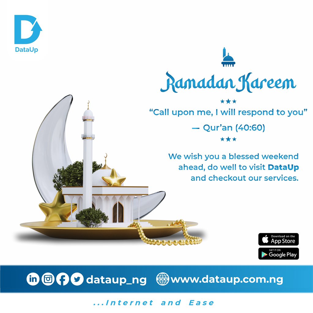 dataup_ng's tweet photo. Ramadan Kareem. βͺοΈ
We wish you a blessed weekend ahead, do well to visit DataUp and checkout our services.
#dataup #nigeria #ramadankareem #blessedweekend #internetandease https://t.co/GDXrcwV7Fp