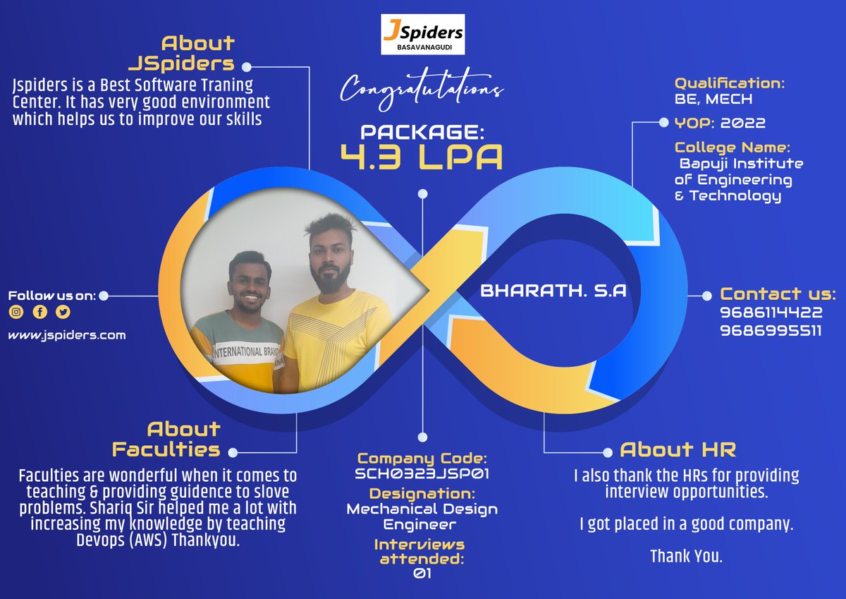 BrandingJsp's tweet image. Congratulations BHARATH S A For getting placed as MECHANICAL DESIGN ENGINEER 

#jspidersbasavanagudi
#placedstudents
#devopsstudents
#mechanical
#studentreview
#devopstraining
#offlinelearning
#bestcourses
#growwhileyoulearn
#trainingdevops
#developer
#devopstools
#devopsjobs