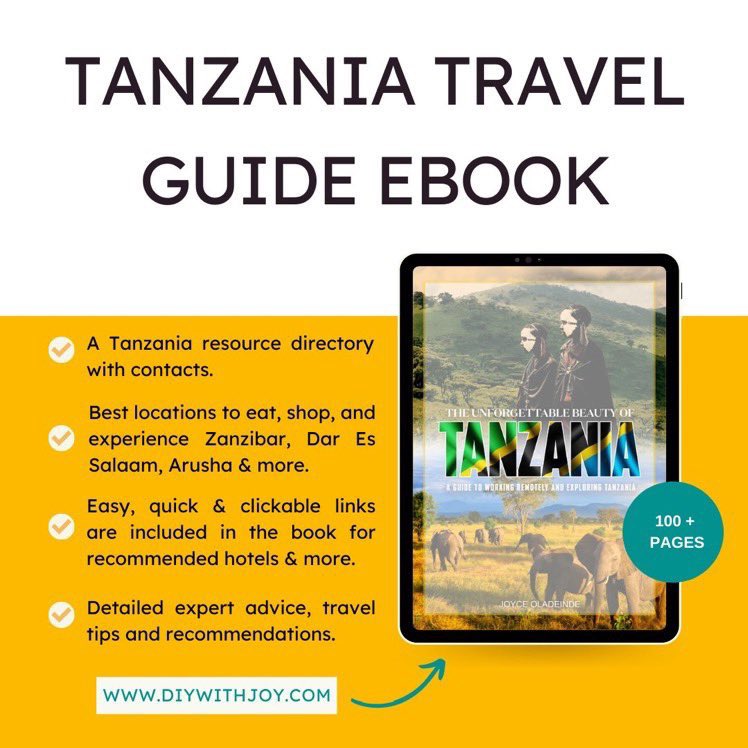 DIYWITHJOY's tweet photo. I wrote a Tanzania guide book to help you plan your trip to Tanzania 🇹🇿 

This book is for you if you are:

✨ Planning your first trip to Tanzania 

✨ Want to work remotely &amp; relocate to Tanzania 

https://t.co/94DKYxvuEJ https://t.co/VwaI8DzVDW