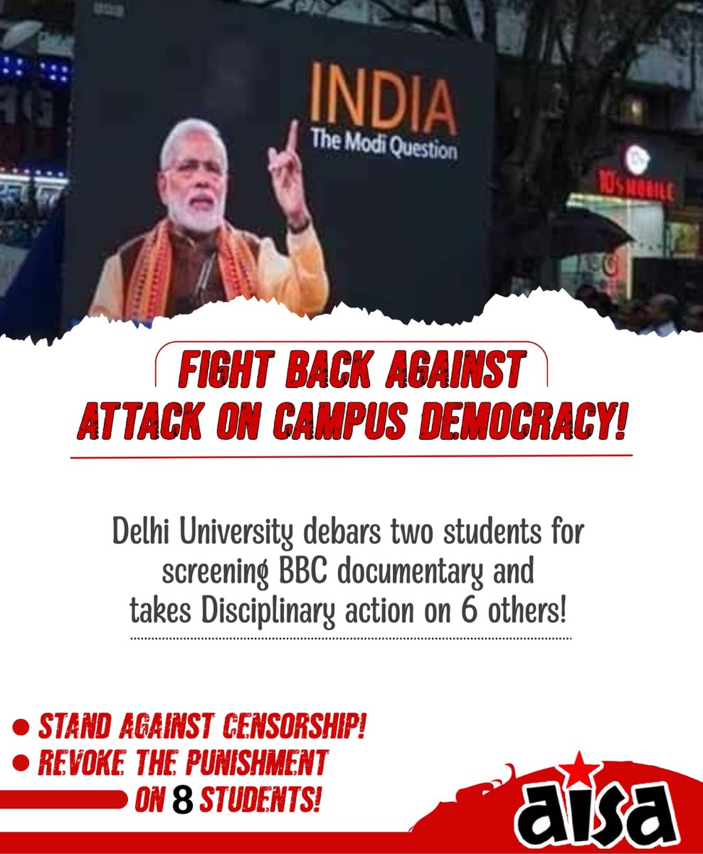 AISA_tweets's tweet photo. Fight back against attack on campus democracy!
#DU #debars two students for screening BBC documentary and takes Disciplinary action on 6 others!
Stand against censorship! Revoke the Punishment on 8 students! https://t.co/jKenywUXyF