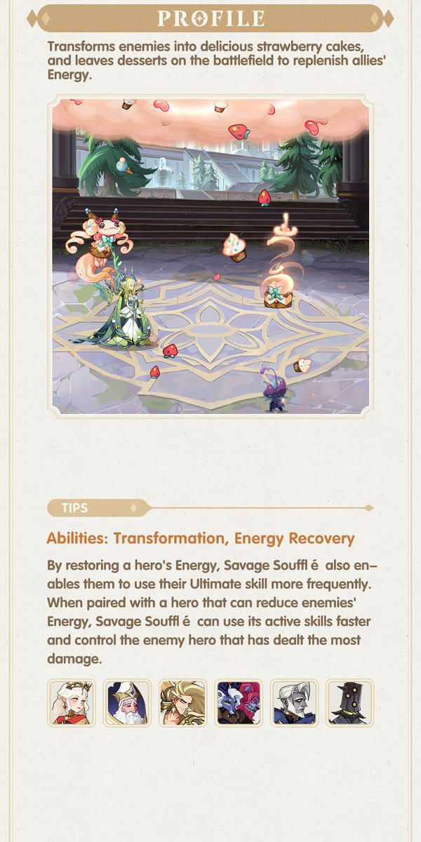 AFK_Arena's tweet photo. 🍰 New companion alert! 🍰 The Savage Souffle has arrived in Esperia! This cute little beast can turn enemies into strawberry cakes and keep your allies energized with its delicious desserts. Get ready to add Souffle to your team! 🍓💕 #AFKArena #BeastProfile https://t.co/6mR9wONAHO