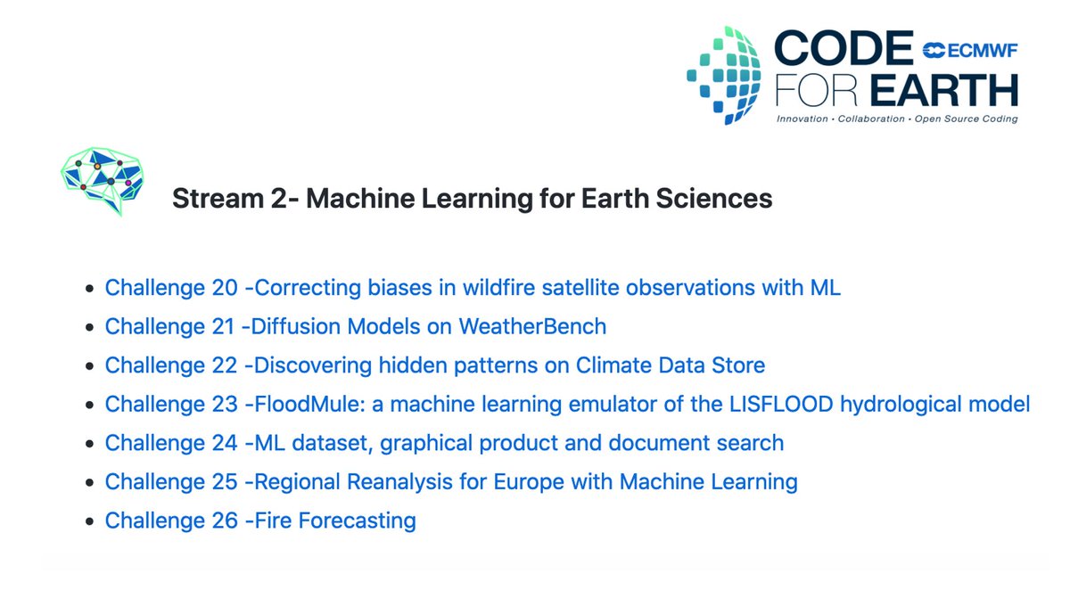 Are you a #MachineLearning enthusiast with a #Earthscience background? #Code4Earth 2023 brings you 7 challenges focused on #opensource #AI solutions to test your skills➡️bit.ly/3FO8Dsg ℹ️codeforearth.ecmwf.int @ECMWF @CopernicusECMWF @UniRdg_Met @UniCologne @Unibo