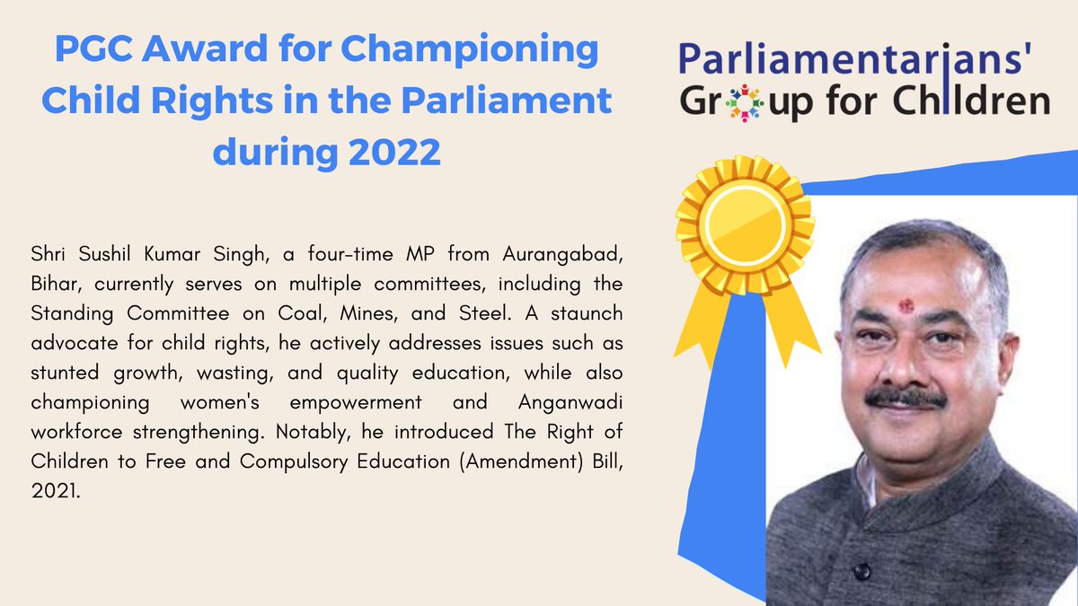 MPsforkids's tweet photo. Congratulations @SushilSinghMP Ji for receiving the PGC Award for Championing #ChildRights in Parliament during 2022. Your commitment to addressing stunted growth, quality education, and women's empowerment is inspiring. Keep up the great work!🏆👏 https://t.co/1m7TstHr9x