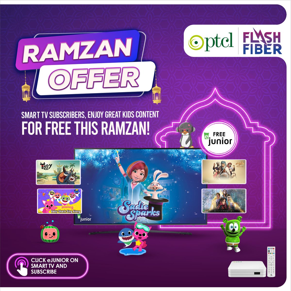 PTCLOfficial's tweet photo. Looking for quality entertainment content for your kids this Ramzan? PTCL has got you covered! Get a free e-junior subscription with your Smart TV. Dial 1218 for more details.

#PTCL #RamzanOffer #Ejunior https://t.co/tG7kBwDjxt