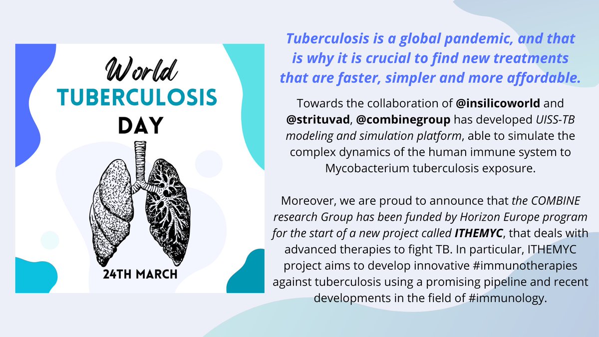 COMBINE_Group's tweet photo. Today 24th March is the #WorldTuberculosisDay 

#insilicomedicine #UISS #digitaltwins #modelingandsimulation #stoptuberculosis #Ithemyc
@InSilicoWorld @STriTuVaD https://t.co/WAKgXOy6Xg
