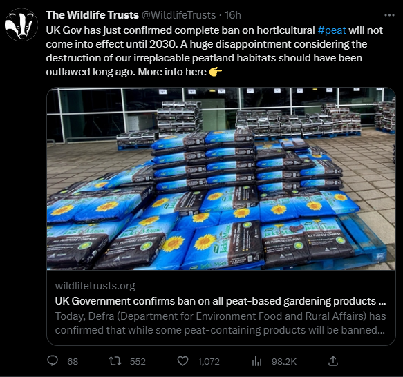 RSBenwell's tweet image. Yesterday the Government chose to:

⛈️ delay the deadline for banning horticultural #peat by 7 years

⛈️ set a deadline for scrapping unrecorded rights of way

Both back-tracking, out of the blue and without consultation. 

Bad news for nature, climate &amp;amp; communities.