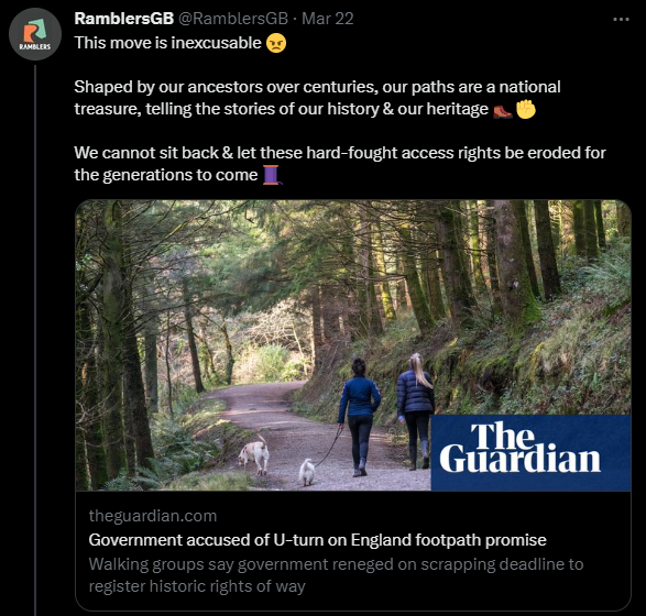 RSBenwell's tweet image. Yesterday the Government chose to:

⛈️ delay the deadline for banning horticultural #peat by 7 years

⛈️ set a deadline for scrapping unrecorded rights of way

Both back-tracking, out of the blue and without consultation. 

Bad news for nature, climate &amp;amp; communities.