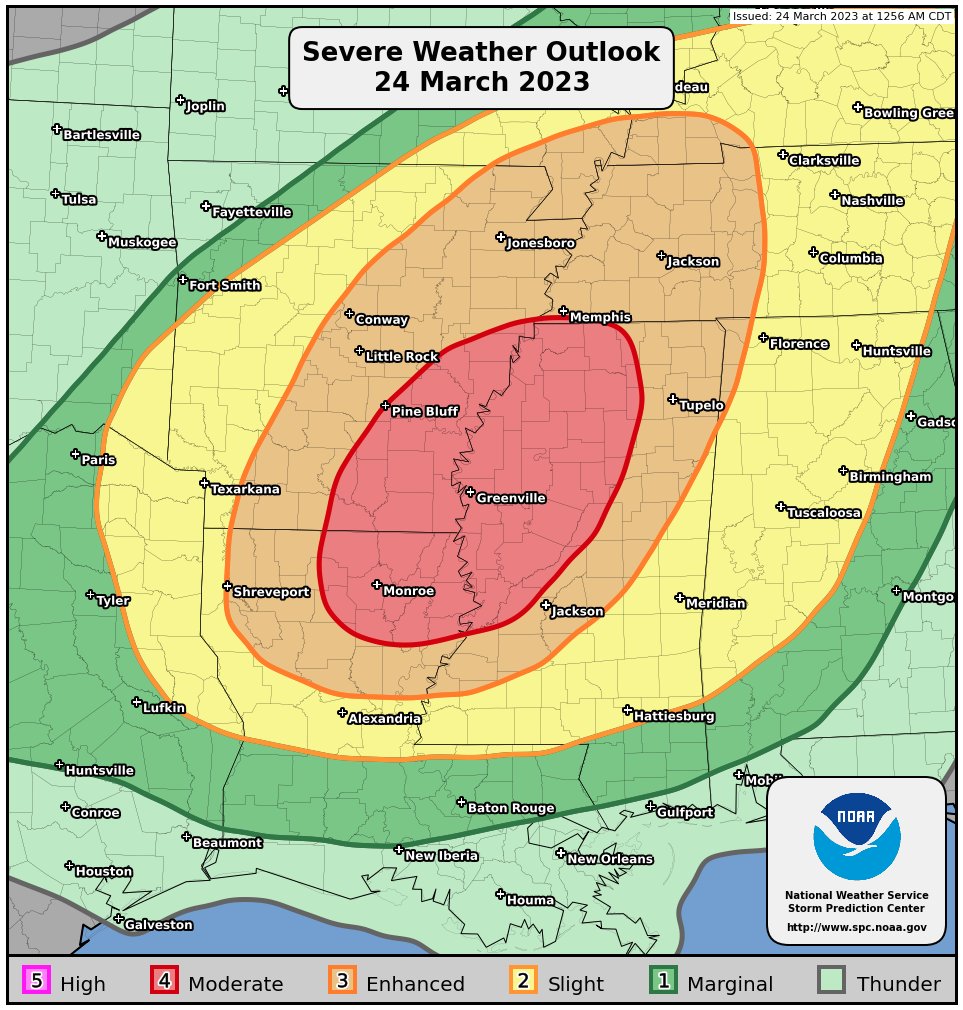 March 24, 2023: An outbreak of severe thunderstorms is expected this afternoon into tonight across the Lower Mississippi Valley. Tornadoes (a few EF-2 or greater in intensity), as well as damaging winds greater than 75 mph, and hail are expected.