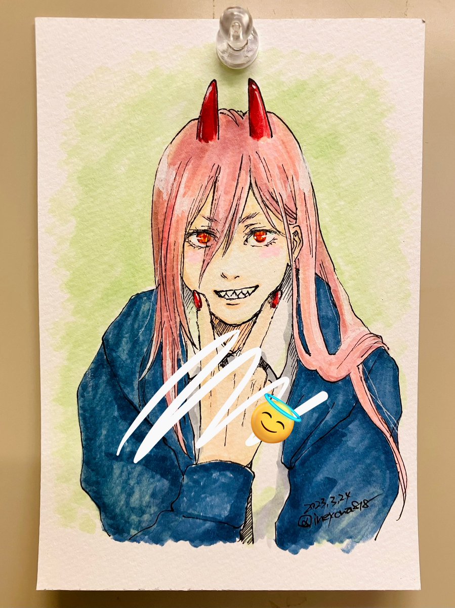power (chainsaw man) 1girl horns cross-shaped pupils long hair pink hair solo looking at viewer  illustration images