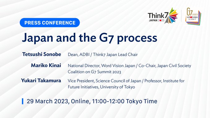 enablingNGOlaw's tweet photo. Join #Civil7, #Science7 & #Think7 for a joint press conference discussing why the voices of #civilsociety, scientists and researchers matter in the #G7 process.
#c7japan #c72023
📌 29 March, 11:00-12:00 JST
📽️ Watch live: https://t.co/Q8ALCJCNhc
ℹ️Info: https://t.co/ckNPSi2DPS https://t.co/GpDNkq30v7