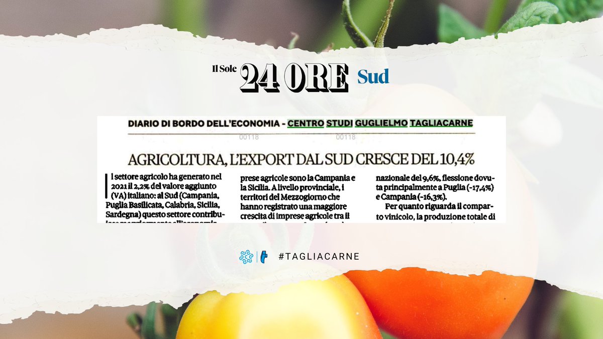 In aumento di +10,4% #export agricolo di #Campania, #Puglia, #Basilicata, #Calabria, #Sicilia e #Sardegna nei primi 9 mesi 2022 rispetto allo stesso periodo 2021. Le elaborazioni #Tagliacarne oggi sul <a href="/sole24ore/">IlSole24ORE</a> #Sud in "#Agricoltura, l'export dal #Sud cresce del 10,4%".