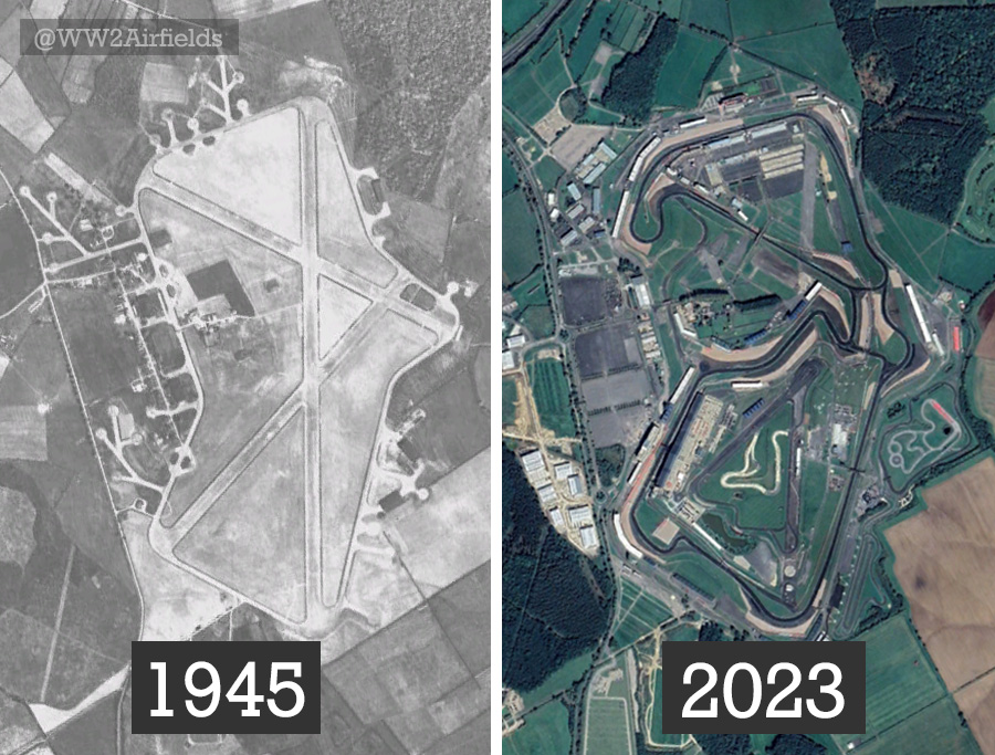 Silverstone Circuit is the home of British Motor Racing. But here's a comparison as to how it looked from the air in 1945 as a WW2 airfield, RAF Silverstone 👀