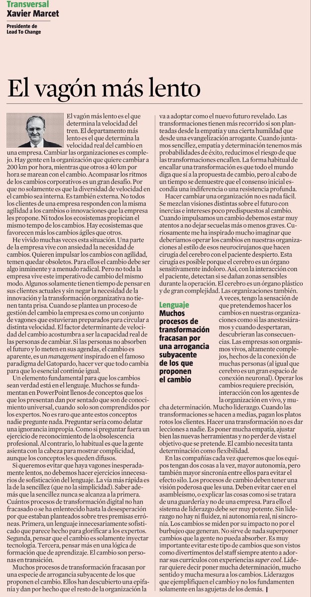 JaimeOlmoSerra's tweet photo. "El factor determinante de velocidad del cambio acostumbra a ser la capacidad real de las personas de cambiar".
@XavierMarcet https://t.co/P64ALMnHIM