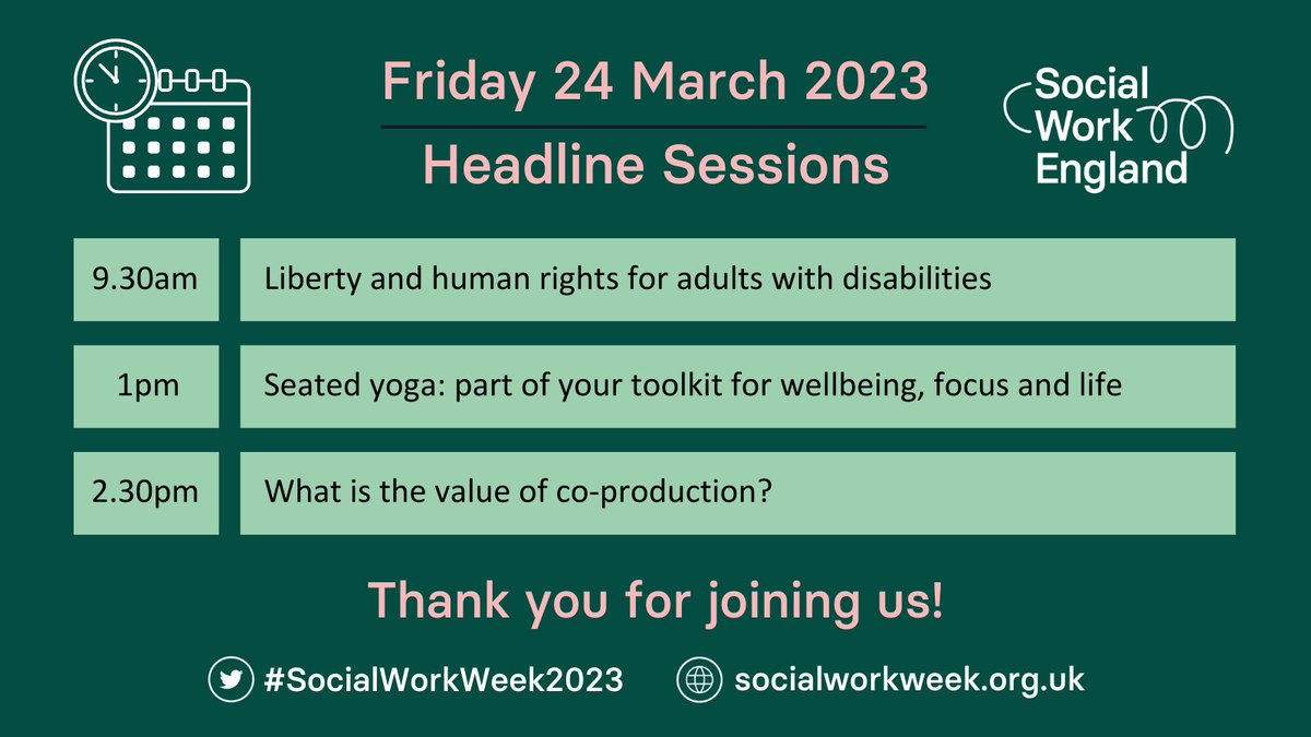 We still have three sessions for you to enjoy on the final day of #SocialWorkWeek2023. 

What are you looking forward to today? 

Socialworkweek.org.uk