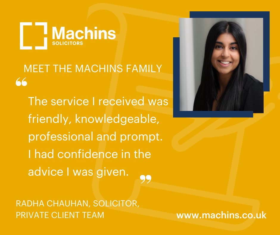 MachinsLaw's tweet photo. Great to receive such positive feedback for Radha Chauhan from our Private Client team π #clienttestimonial #wills #trusts #probate https://t.co/PycbWHqxJP https://t.co/qUIJSm5sDU