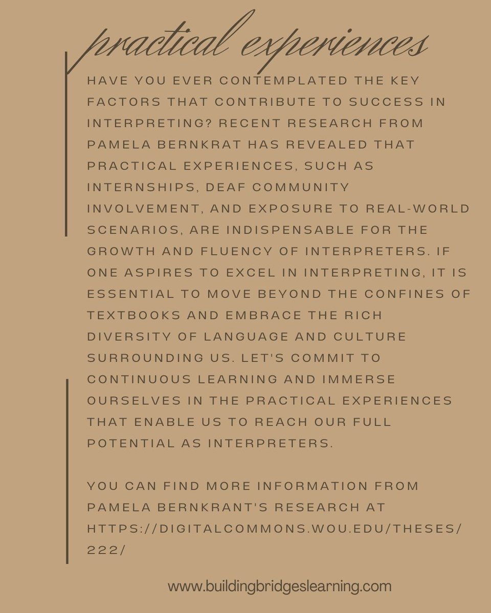 slwheeler81's tweet image. Let's commit to continuous learning and immerse ourselves in the practical experiences that enable us to reach our full potential as interpreters. digitalcommons.wou.edu/theses/222/ #realworldscenarios #situatedlearning #PamelaBernkrant #interpreterresearch