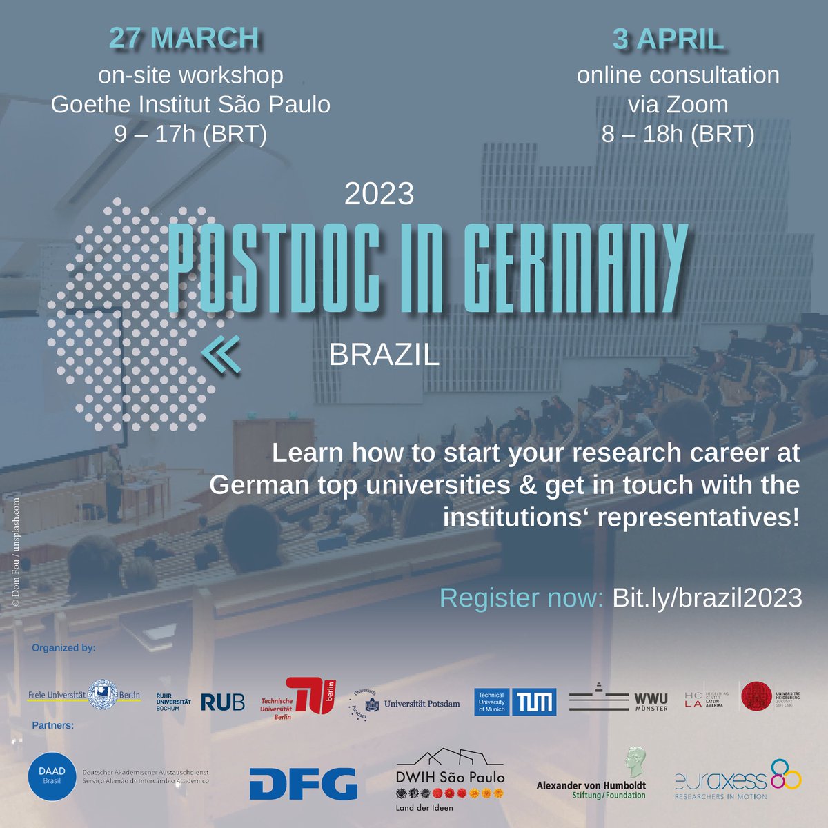 You want to learn about starting your research career at German top universities as a Postdoc from Brazil? Then join us for our Workshop at the Goethe Institut São Paulo on March 27 (9:00 - 17:00 (BRT))!

Register now via bit.ly/brazil2023