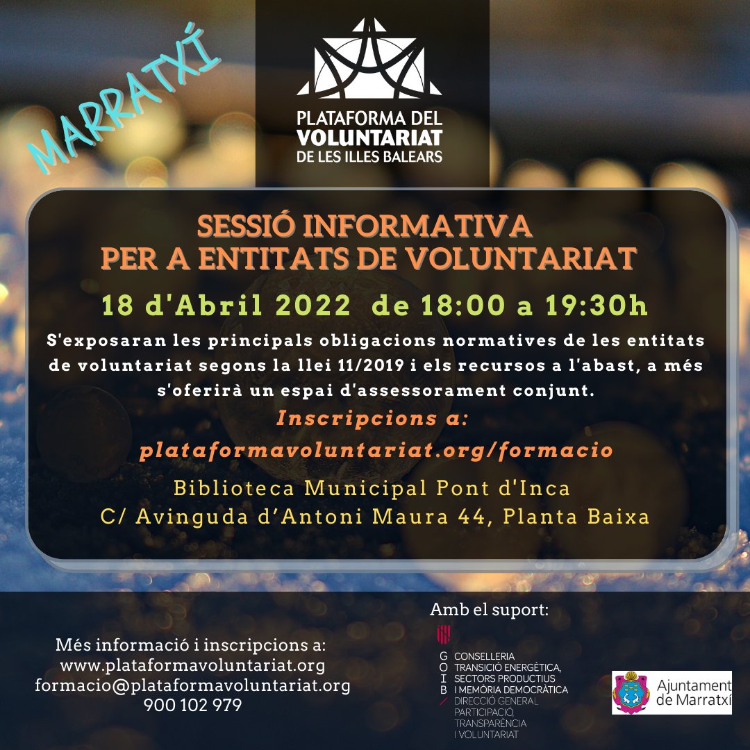 plavib's tweet photo. 📢Sessió Informativa per a Entitats de Voluntariat - #marratxí 📢
18 d'Abril de 18:00 a 19:30h a la Bilioteca Municipal Pont d'Inca
S'exposaran les principals obligacions normatives de les #entitats de #voluntariat
➡️Inscripcions: link a bio
#plavib #transformant #formacio https://t.co/9lbXx8GMT8