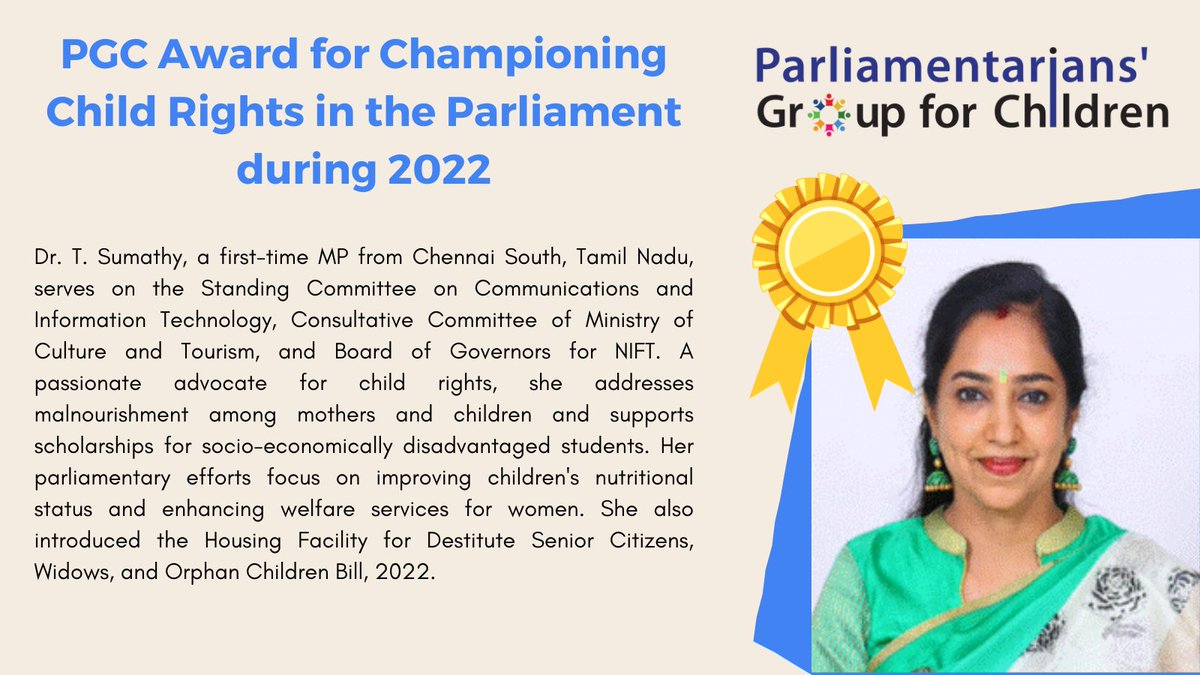 MPsforkids's tweet photo. Kudos to @ThamizhachiTh Ji for her outstanding efforts in championing #ChildRights and being recognized with the PGC Award 2022. Your dedication to improving children's nutrition and supporting disadvantaged students is commendable. Congratulations!🎉🏆 https://t.co/GbSxeKpsp9