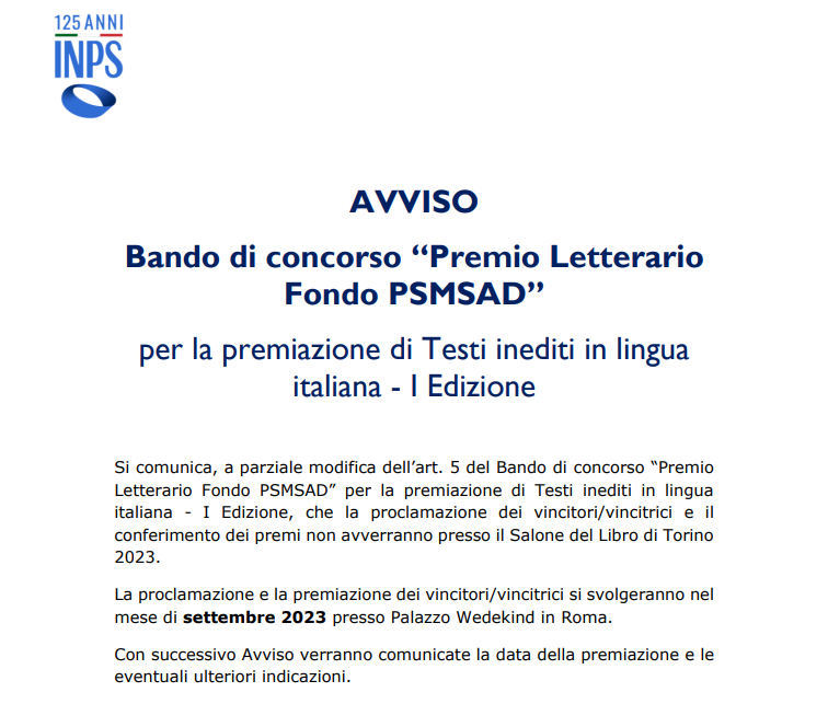 INPS_it's tweet photo. Rinviata a settembre 2023 la premiazione dei vincitori della prima edizione del concorso "Premio letterario Fondo #PSMSAD".
๐ https://t.co/USYbRMALY1
#InpsComunica #FondoPSMSAD https://t.co/KTRKLqvz3T