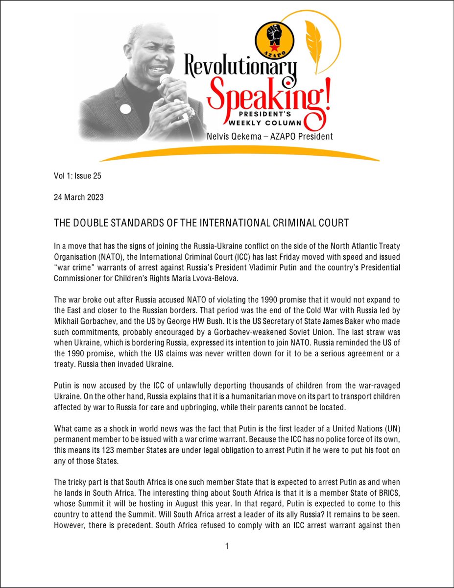 AzapoLimpopo's tweet image. REVOLUTIONARY SPEAKING - @AZAPO_News PRESIDENT’S WEEKLY COLUMN

Vol 1: Issue 25
 
24 March 2023
 
THE DOUBLE STANDARDS OF THE INTERNATIONAL CRIMINAL COURT