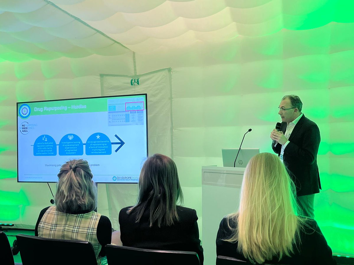 It was great to be @DIA_Europe this week with 1500+ experts discussing the future of drug development. Martin de Kort (EATRIS Senior Scientific Programme Manager) presented @REMEDi4ALL - a project led by EATRIS to drive forward #MedicinesRepurposing in Europe. #R4ALL #REMEDi4ALL