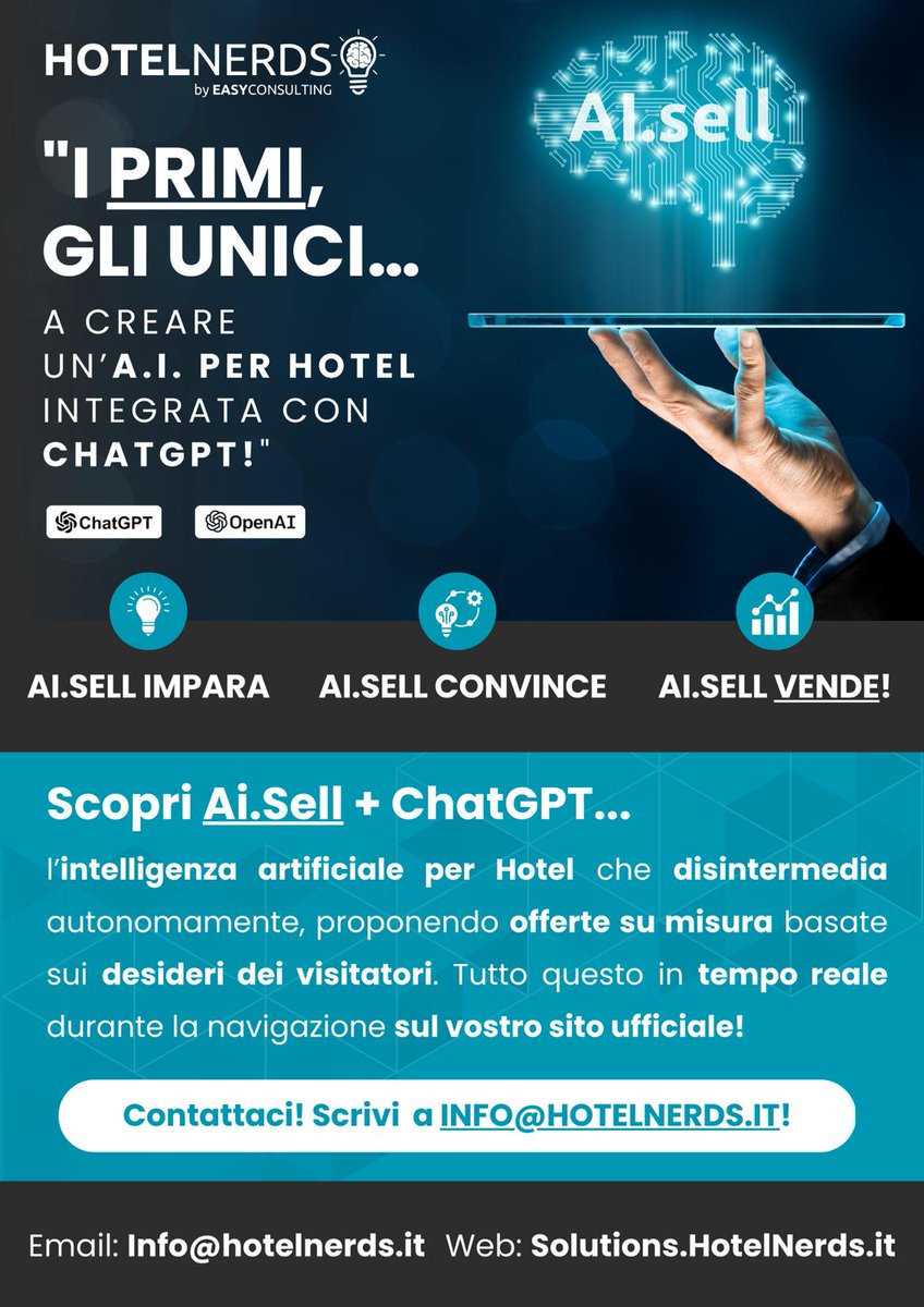 Cosa fa AI.sell, la prima Intelligenza artificiale per hotel? 

Analizza il comportamento dei visitatori del tuo sito e ne deduce i desideri per proporre offerte infallibili per vendere più camere!

Vuoi saperne di più? 𝗖𝗼𝗻𝘁𝗮𝘁𝘁𝗮𝗰𝗶! 𝗶𝗻𝗳𝗼@𝗵𝗼𝘁𝗲𝗹𝗻𝗲𝗿𝗱𝘀.𝗶𝘁