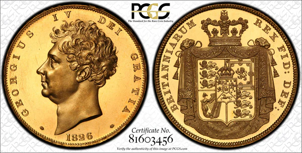 ⚠️新入荷その3⚠️
1826年 イギリス ジョージ4世 5ポンド金貨 PCGS PR63+DCAM

価格：ASK（LINE公式アカウントまたはDMにてお問い合わせください！）

この5ポンド金貨は発行枚数わずか「150枚」の超絶レアもの。ウナライオンの発行枚数が400枚なので、ジョージ4世の5ポンド金貨のほうが希少なんです🇬🇧