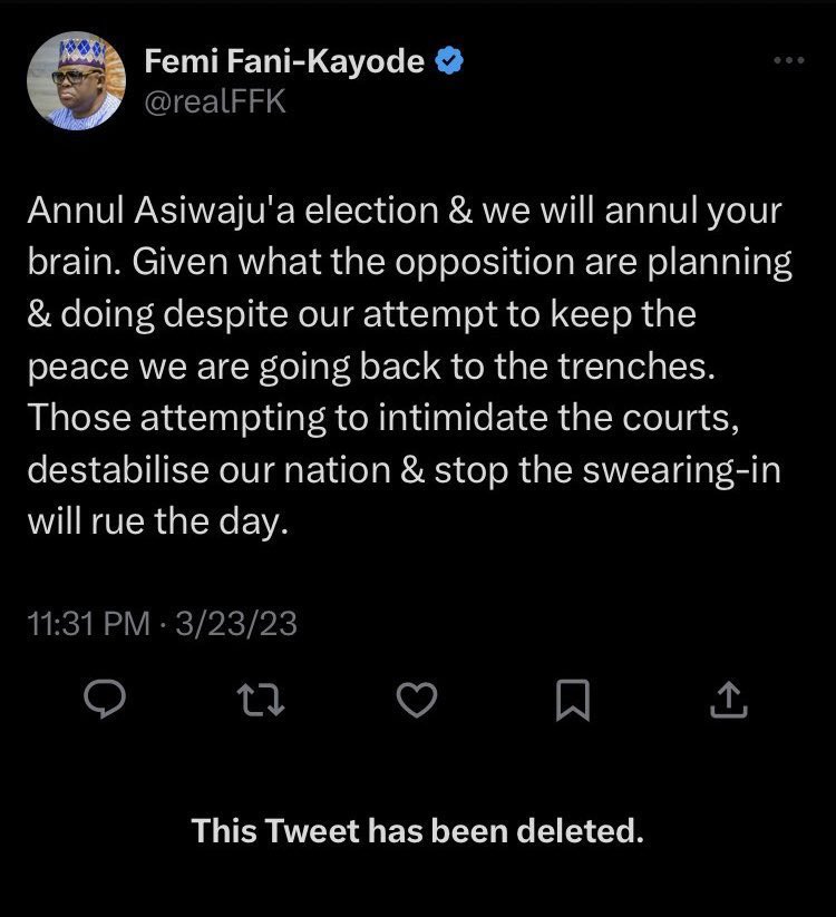 SheikhAnalo's tweet photo. The DSS has to bring in FFK for questioning, it doesn’t end by just deleting the tweet.

He should be questioned!!!! https://t.co/0ZK81L8y9L