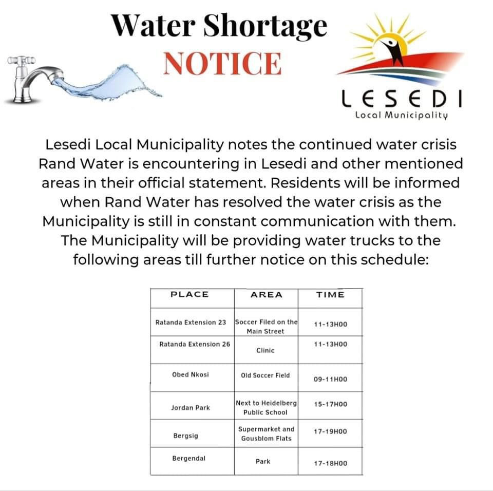 Gauteng Health on Twitter "Water shortage notice by Lesedi Local