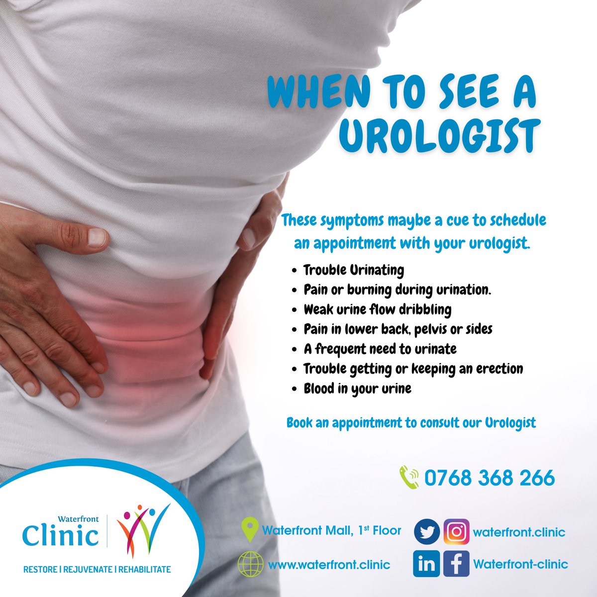 If you persistently face these symptoms then please consult a urologist soon as possible.
Book an appointment to consult our urologist today.
📍: 1st Floor, @waterfrontkaren
☎️ : 0768 368266
🌐 : waterfront.clinic
#WaterfrontCares #Urology
#Restore #Rejuvenate #Rehabilitate