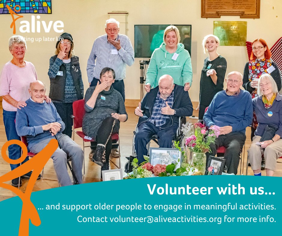 Alive Activities (@aliveactivities) on Twitter photo Would you like to help #LightUpLaterLife?
Why not volunteer at our Bristol Dementia Meeting Centre on a Tuesday, Wednesday or Thursday to support our meaningful, person-centred activities and share a smile.
📧: volunteer@aliveactivities.org
📞: 07519534577 Would you like to help #LightUpLaterLife?
Why not volunteer at our Bristol Dementia Meeting Centre on a Tuesday, Wednesday or Thursday to support our meaningful, person-centred activities and share a smile.
📧: volunteer@aliveactivities.org
📞: 07519534577