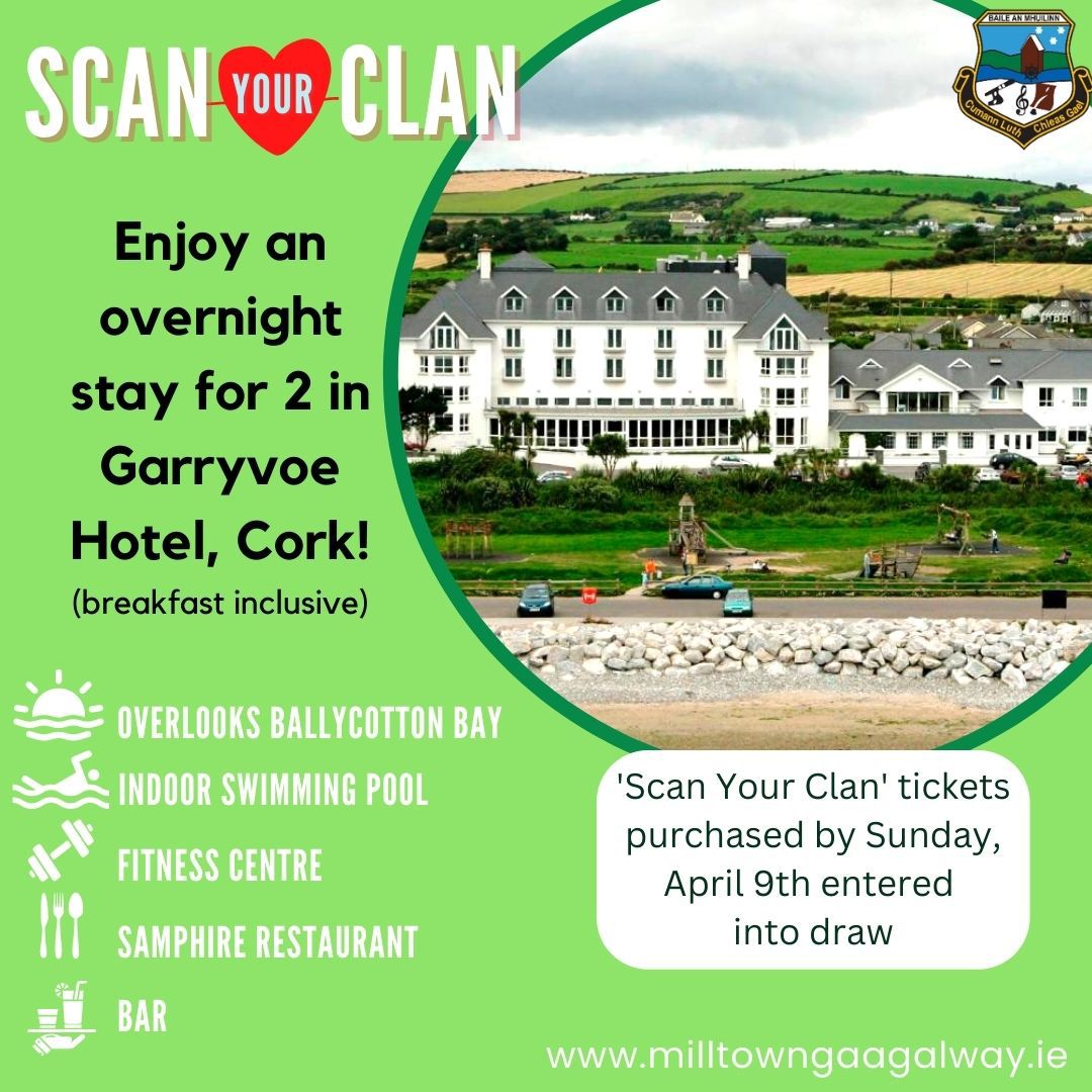 milltown_gaa's tweet photo. 📢 Bonus Easter Draw 📢 We have a fabulous prize of a 1-night stay at @Garryvoehotel
  Cork. Buy tix here: https://t.co/xnKdgRxAnQ
All tickets purchased to date are also entered. https://t.co/yPPjjTqXLH