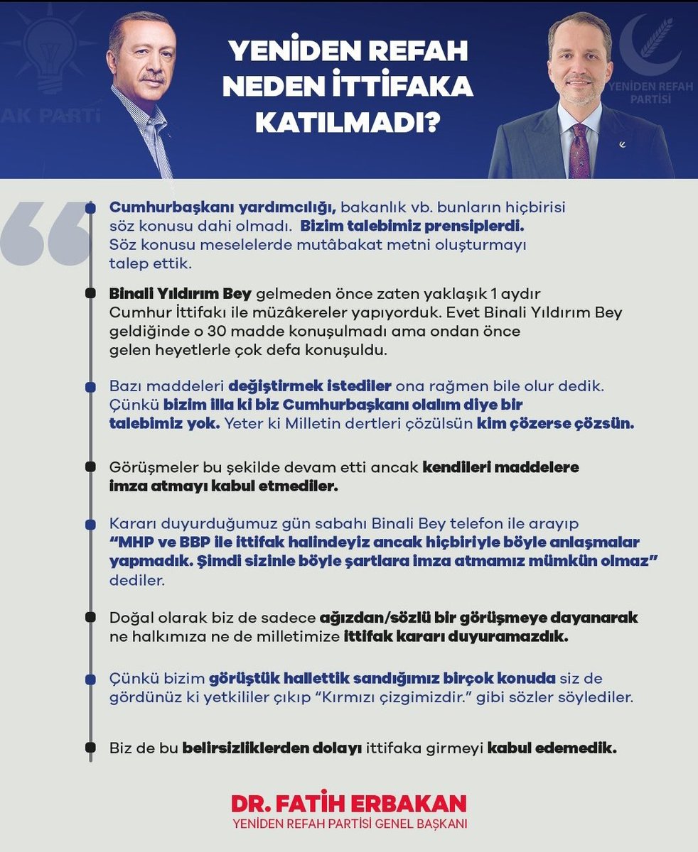 Yeniden Refah Partimiz ile Ak Parti arasında geçici seçim birlikteliğinin gerçekleşmemesinin sebeplerini merak edenler okuyabilirler.