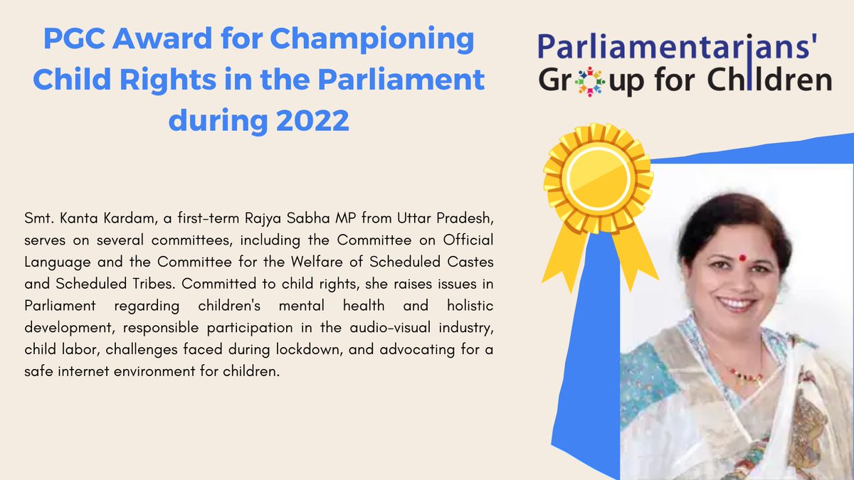 MPsforkids's tweet photo. Congratulations @kanta_kardam Ji for receiving the PGC Award for your outstanding commitment to #ChildRights. Your work in promoting children's mental health, holistic development, and safe internet use is commendable. Keep making a difference!🎉🏆 https://t.co/e9vKMsqUVy