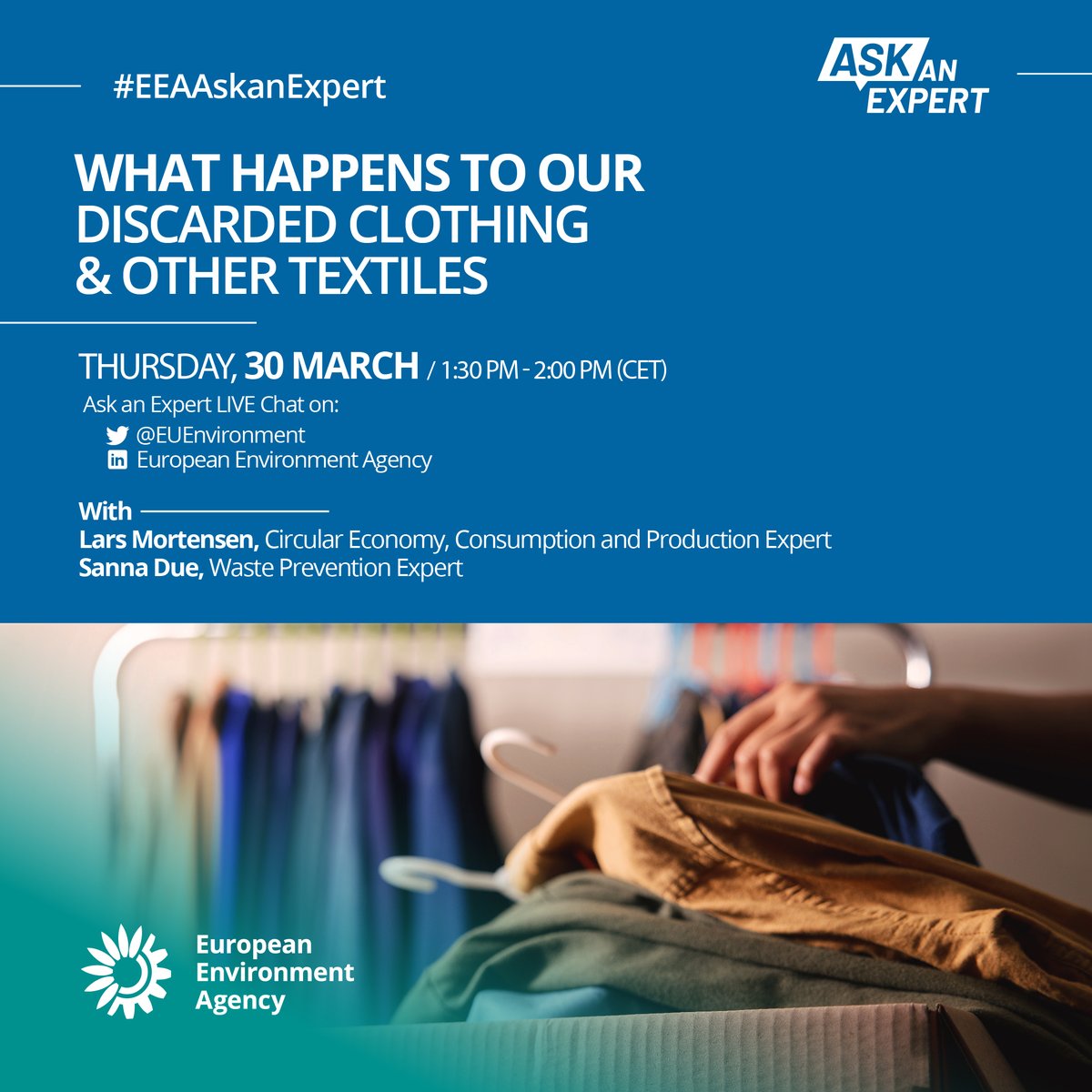 EUEnvironment's tweet image. 📢Join us this coming Thursday for our next #EEAAskanExpert 🎙️LIVE Q&amp;amp;A on #usedtextiles #textile waste - what happens to discarded #clothing and other textiles we throw out or donate?
join the livestream right here: lnkd.in/eHhpFNFx