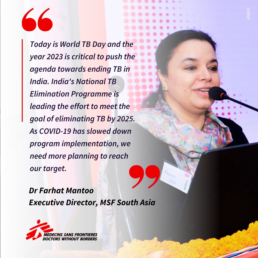 MSF_SouthAsia's tweet photo. 📢#WorldTBDay 
2023 is a pivotal year in our journey towards ending TB by 2025. Let's invest in advanced diagnostics and increase access to healthcare as emphasized by Dr Farhat Mantoo, @MSFSouthAsiaGD Executive Director, MSF South Asia. 
#EndTB #MSF #DoctorsWithoutBorders https://t.co/mH6MvnEWHw