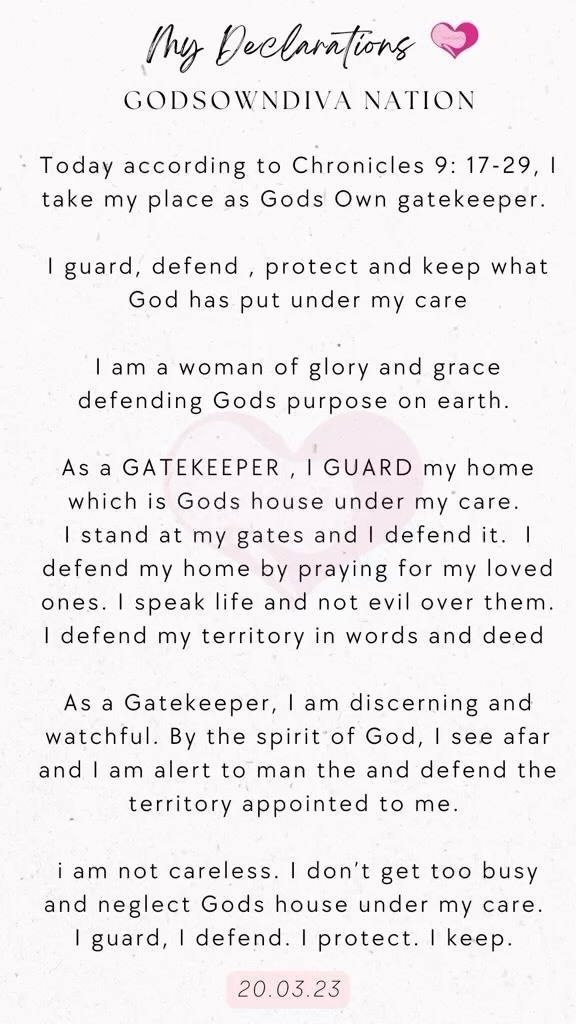 Godsowndivaclub's tweet photo. Words of affirmation. 
Please go ahead and declare - I am a GATEKEEPER and I shall man my Gates.

#GateKeepers
#YearOfHelp
#YearOfTheCamel
#YearOfReward
#YearOfTheWinepress
#YearOfTheFace
#YearOfTheThreshingFloor
#YearOfFruitfulness
#YearOfTheMouth
#Year… https://t.co/5fqtBL1Q6r https://t.co/GnJnBu8ACm