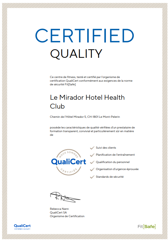 We are thrilled to announce that our fitness center has been certicated by QualiCert for client follow-up, training planning, qualification of our staff, proven emergency organization and safety standards.

#award #fitnesscenter #wellness #switzerland #qualicert #award2023