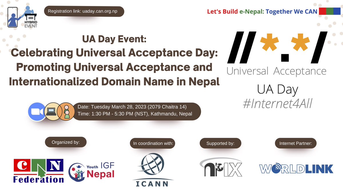 CAN Federation (@canfederationnp) on Twitter photo Universal Acceptance and IDNs promotes domain name and email address in your own language.
Registration: uaday.can.org.np
Let's celebrate Universal Acceptance Day together and promote inclusivity! #UAday @udeep9 <a href="/yigfnepal/">Youth Internet Governance Forum Nepal</a> #npIX <a href="/youthIGFNepal/">youth IGF Nepal</a> <a href="/mebevak/">Bibek Silwal</a> <a href="/WLinkComm/">WorldLink Communications Ltd.</a> Universal Acceptance and IDNs promotes domain name and email address in your own language.
Registration: uaday.can.org.np
Let's celebrate Universal Acceptance Day together and promote inclusivity! #UAday @udeep9 <a href="/yigfnepal/">Youth Internet Governance Forum Nepal</a> #npIX <a href="/youthIGFNepal/">youth IGF Nepal</a> <a href="/mebevak/">Bibek Silwal</a> <a href="/WLinkComm/">WorldLink Communications Ltd.</a>